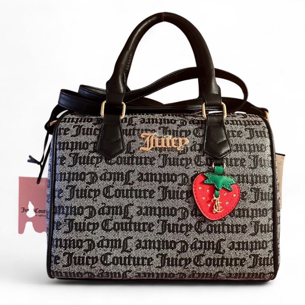 Juicy Couture Black Logo Satchel with Red Strawberry Charm
